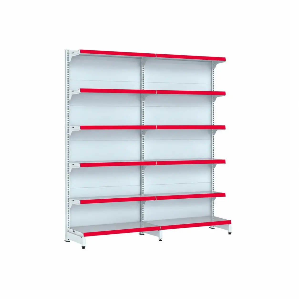Gôndola Fit de parede com 2 módulos com porta-etiqueta vermelho