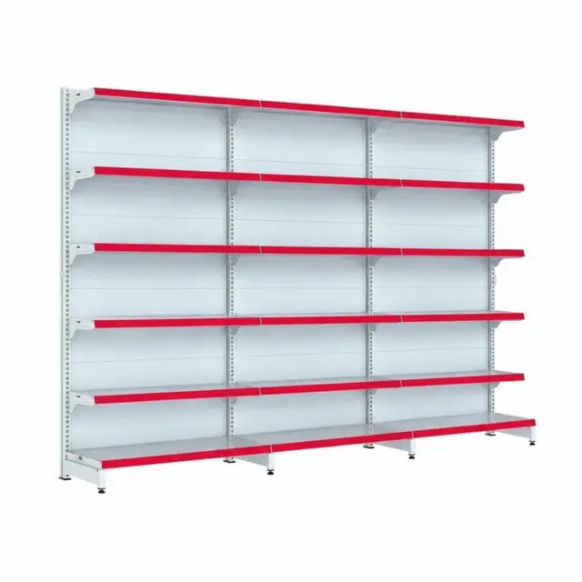 Gôndola Fit de parede com 3 módulos com porta-etiqueta vermelho