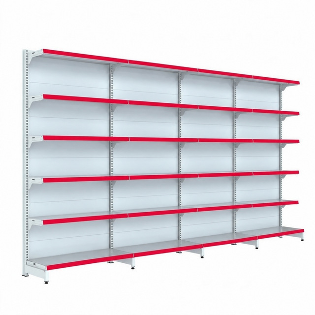 Gôndola Fit de parede com 4 módulos com porta-etiqueta vermelho