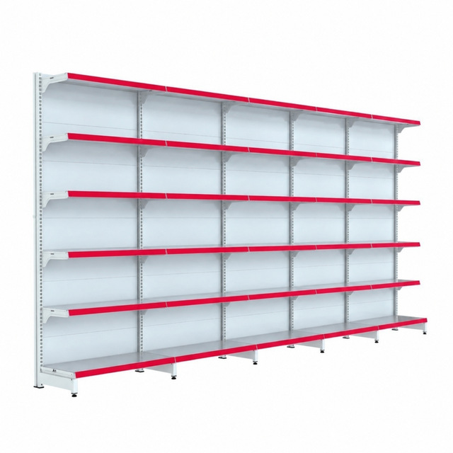 Gôndola Fit de parede com 5 módulos com porta-etiqueta vermelho